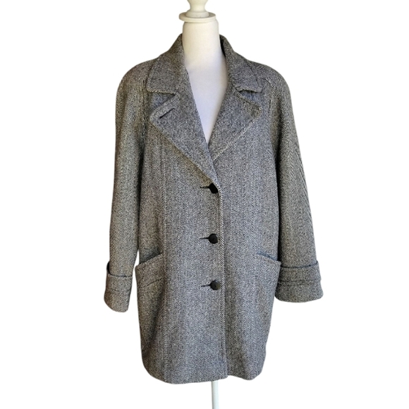 Herman Kay Women's Long Wool Blend Herringbone Coat Size 14 - Picture 1 of 10